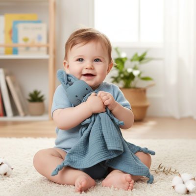 Doudou lapin mignon bleu gris